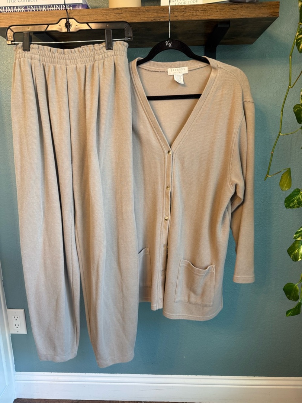 Vintage Express Tricot Matching Lounge Set Cardigan & Pants Neutral Size M